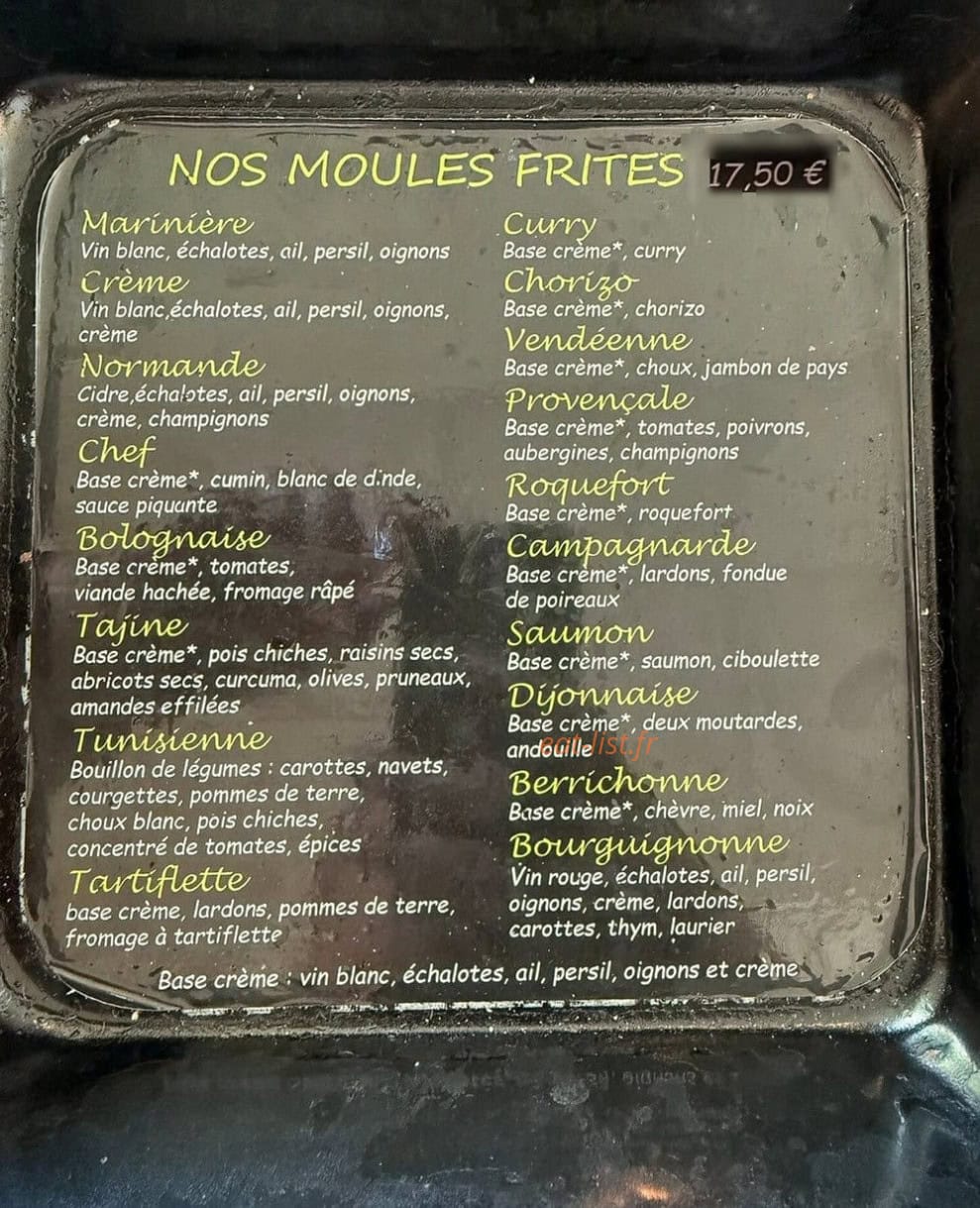 Carte et menu de A Chacun son moule à Saint Jean de Monts — Les moules frites