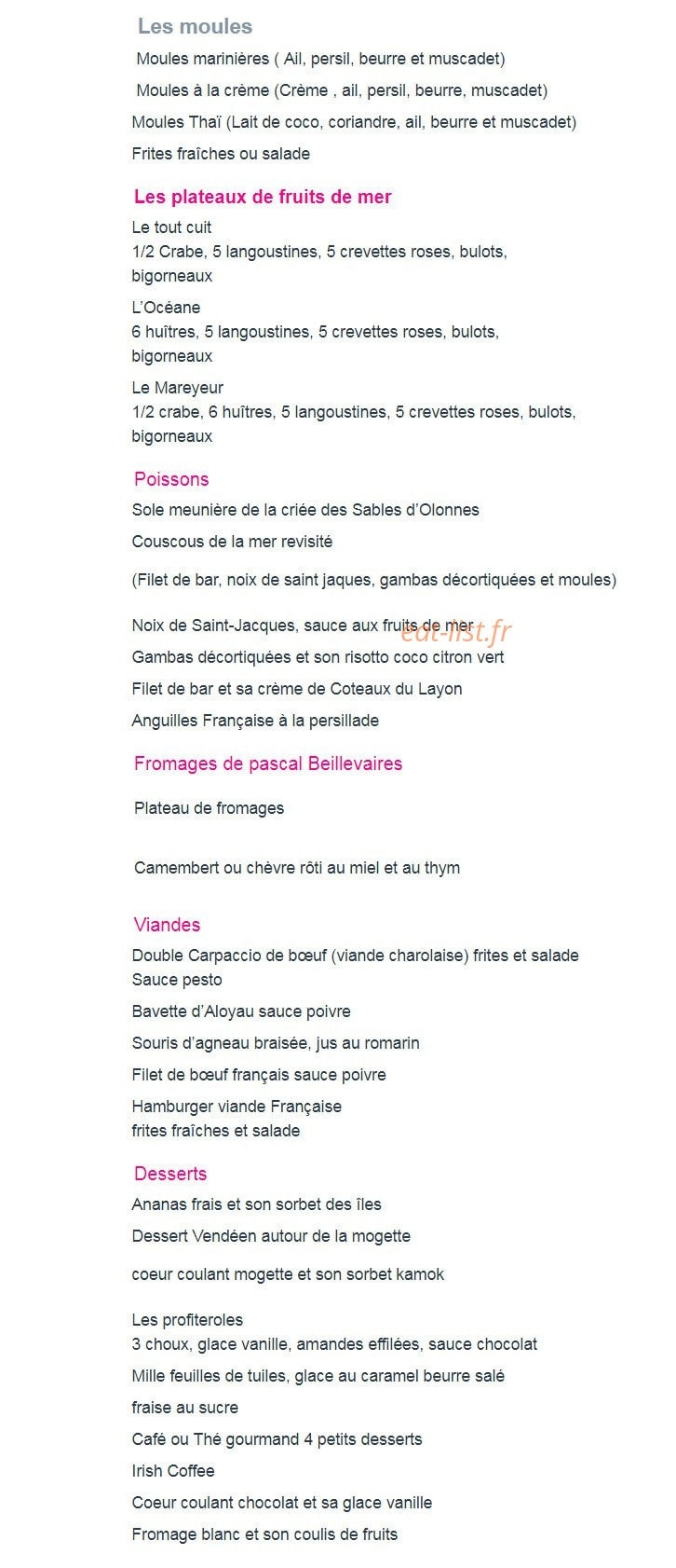Carte et menu de Chez Bastien à Saint Jean de Monts — Moules, plateaux de fruits de mer, poissons, ...