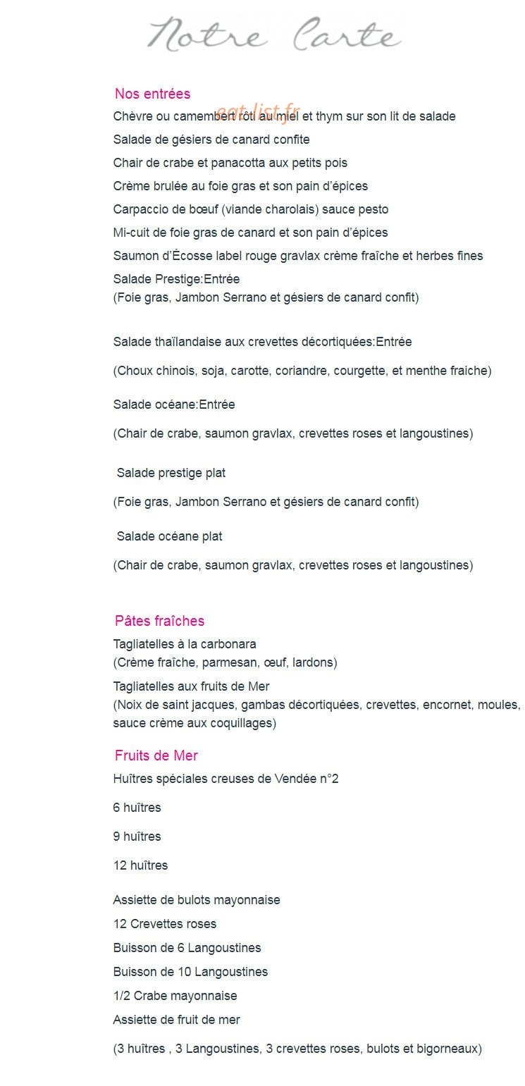 Carte et menu de Chez Bastien à Saint Jean de Monts — Entrées, pâtes fraîches et fruits de mer