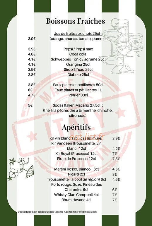 Carte et menu de La Famiglia à Saint Jean de Monts — Les boissons fraiches et apéritifs