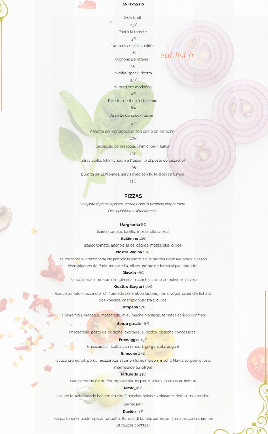 Carte et menu de La Famiglia à Saint Jean de Monts — Les antipastis et pizzas