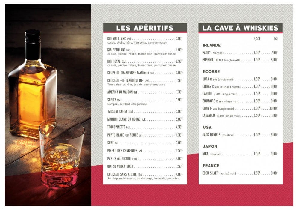 Carte et menu de La Langoust'in à Saint Jean de Monts — Les apéritifs et cave à whiskys