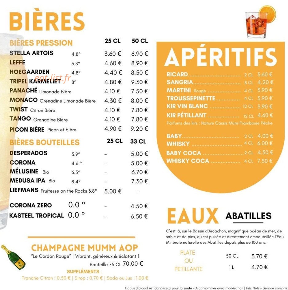 Carte et menu de Le Caprice à Saint Jean de Monts — Bieres, aperitifs...