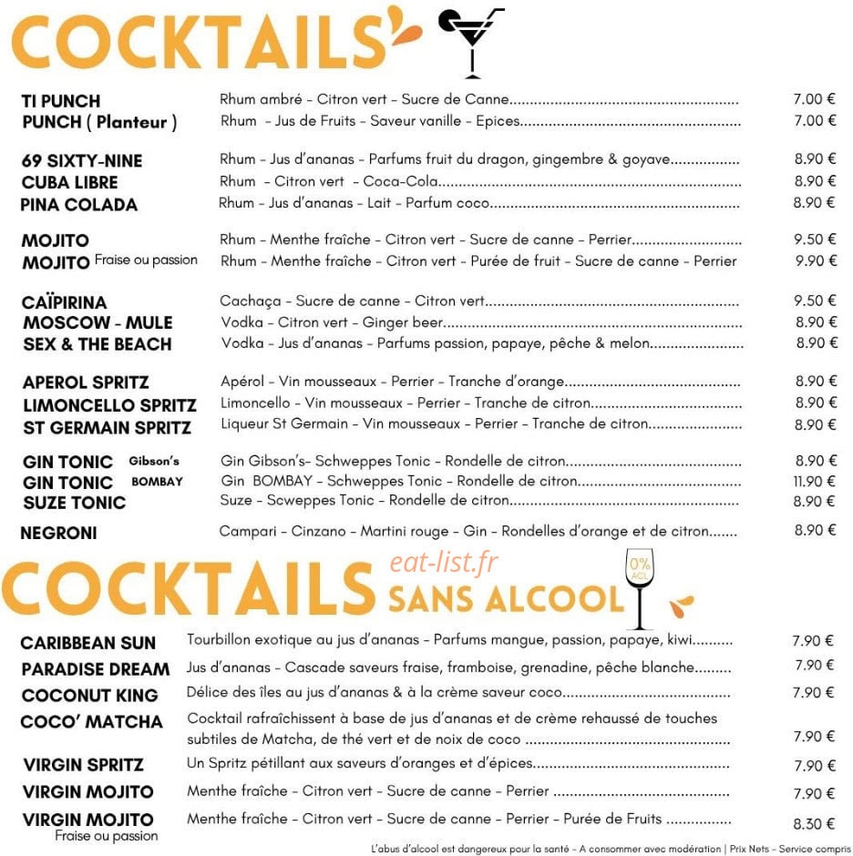 Carte et menu de Le Caprice à Saint Jean de Monts — Cocktails