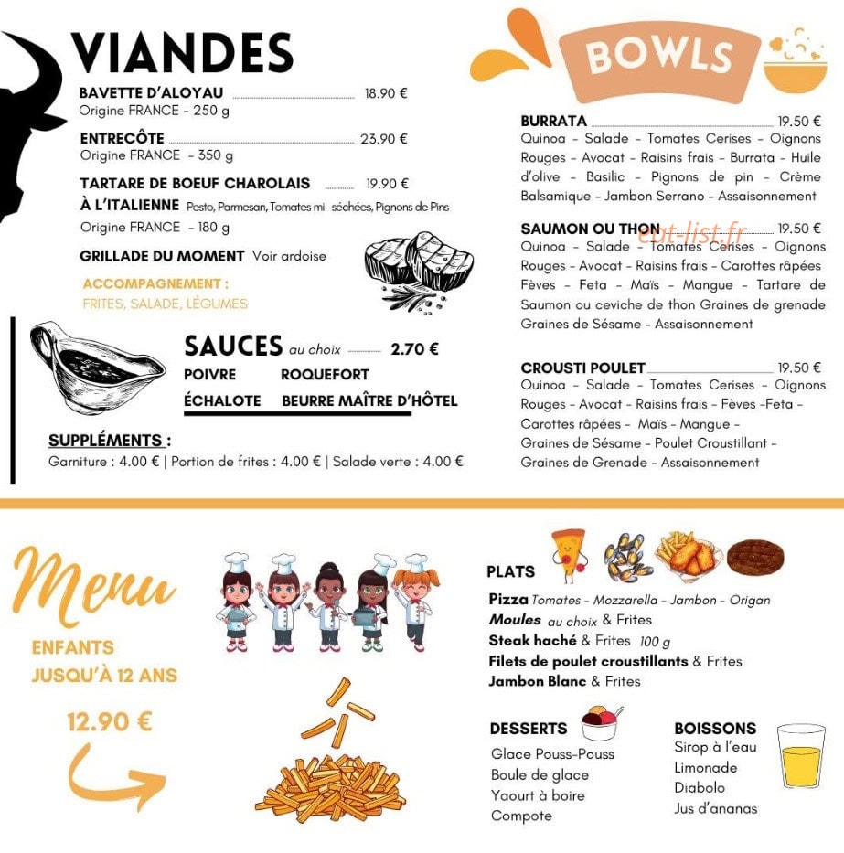 Carte et menu de Le Caprice à Saint Jean de Monts — Viandes, bowls et menu enfant