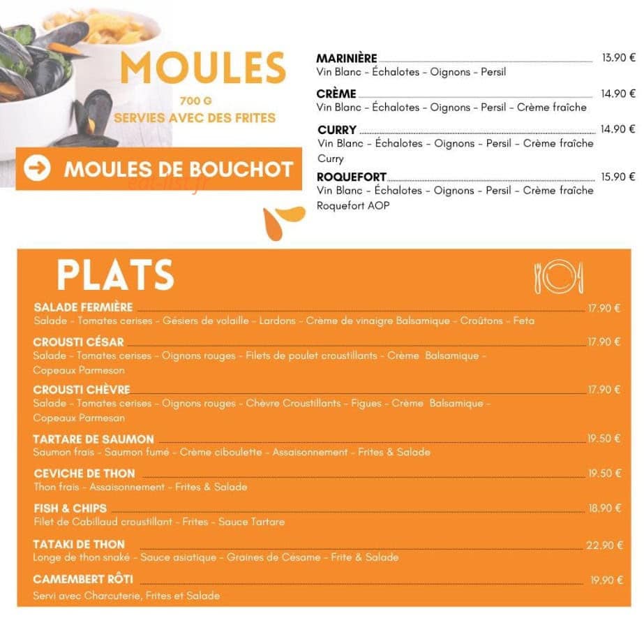 Carte et menu de Le Caprice à Saint Jean de Monts — Moules, plats...