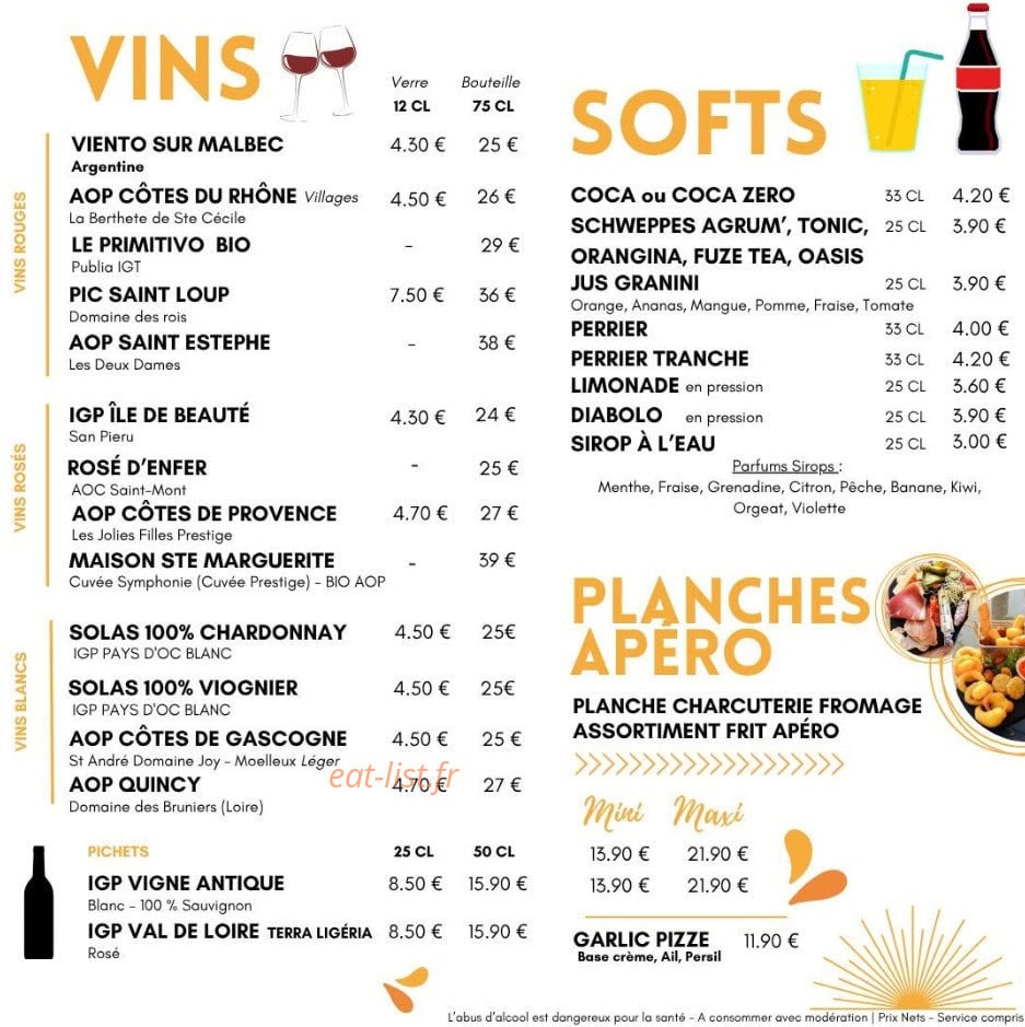 Carte et menu de Le Caprice à Saint Jean de Monts — Vins, softs...