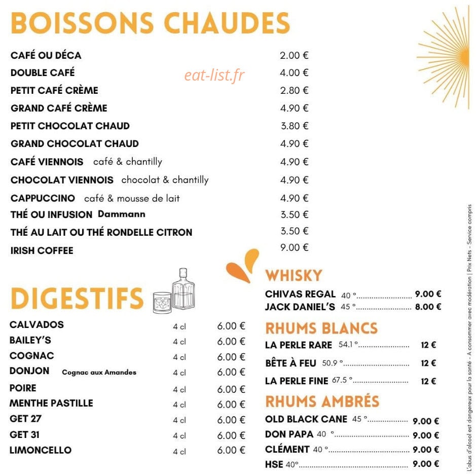 Carte et menu de Le Caprice à Saint Jean de Monts — Boissons chaudes, digestifs