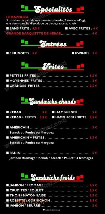 Carte et menu de la petite fringale 85 à Belleville sur Vie — les spécialites, entrées, frites et paninis