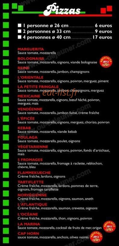Carte et menu de la petite fringale 85 à Belleville sur Vie — les pizzas