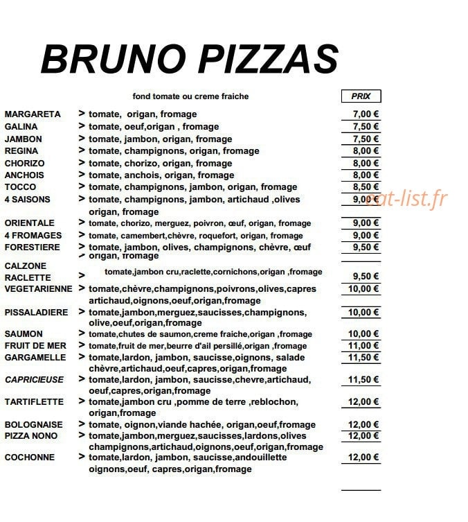 Bruno Pizza — carte page 1