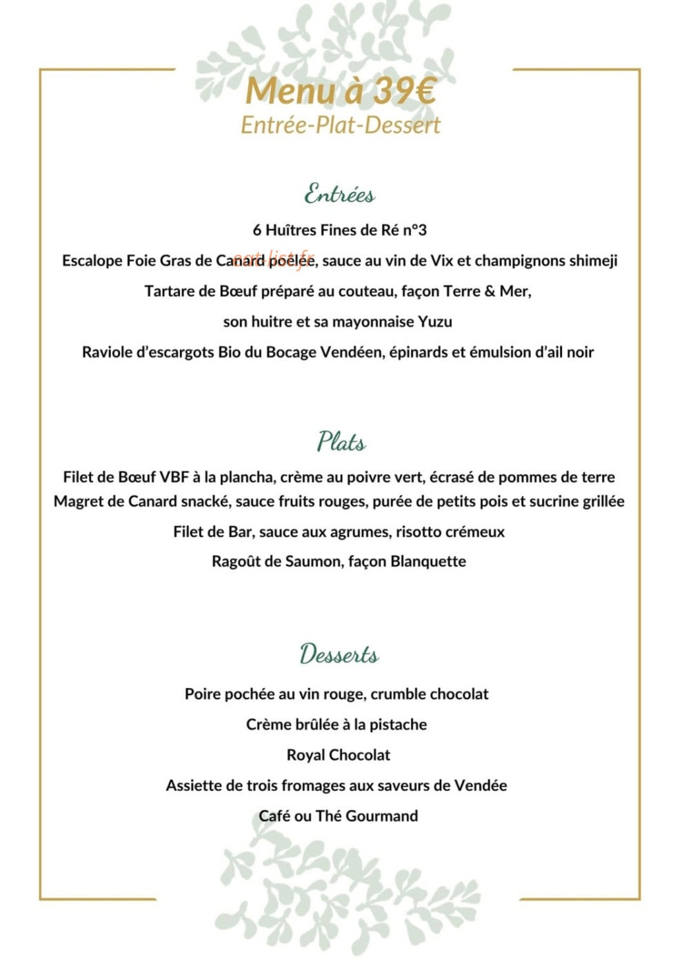Carte et menu de La Glycine à Fontenay le Comte — Menu à 39€