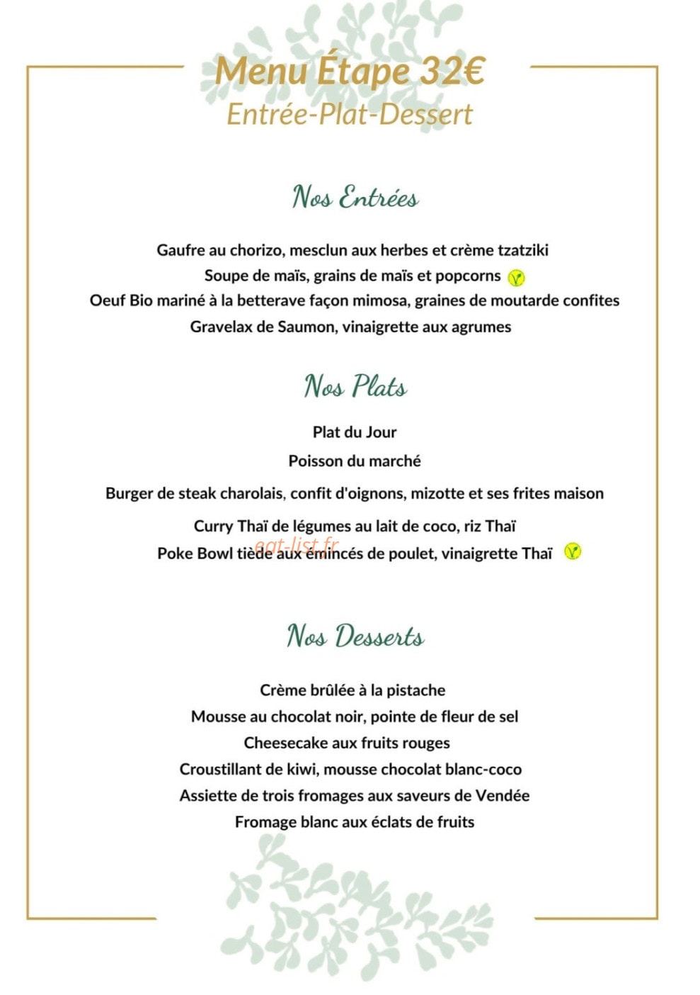 Carte et menu de La Glycine à Fontenay le Comte — Menu soirée étape