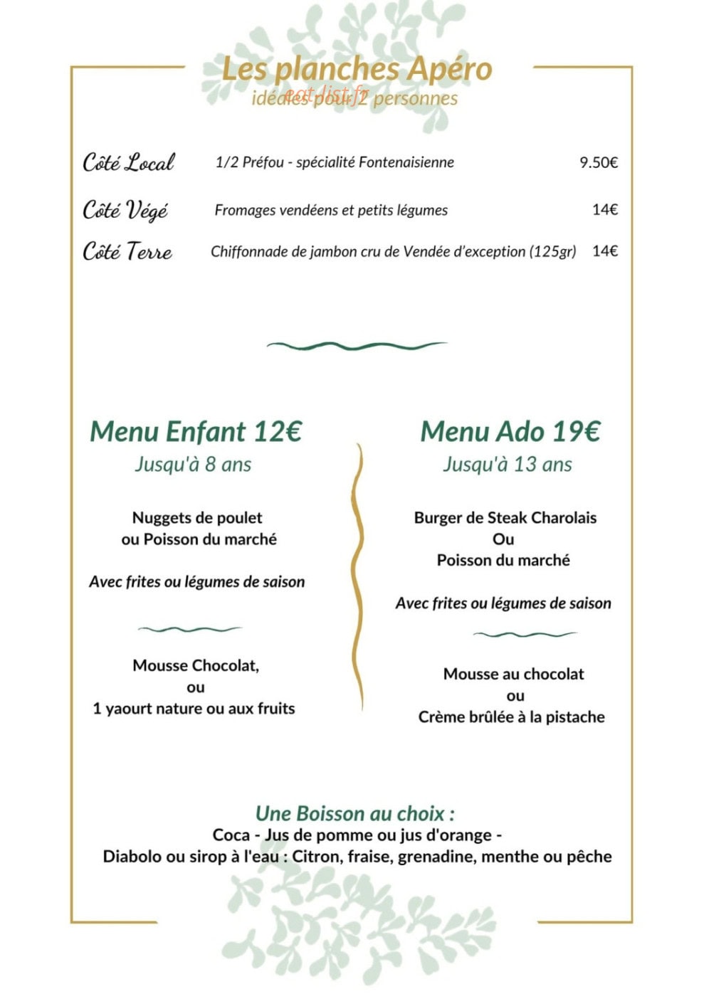 Carte et menu de La Glycine à Fontenay le Comte — Planches apéros + Menus enfants