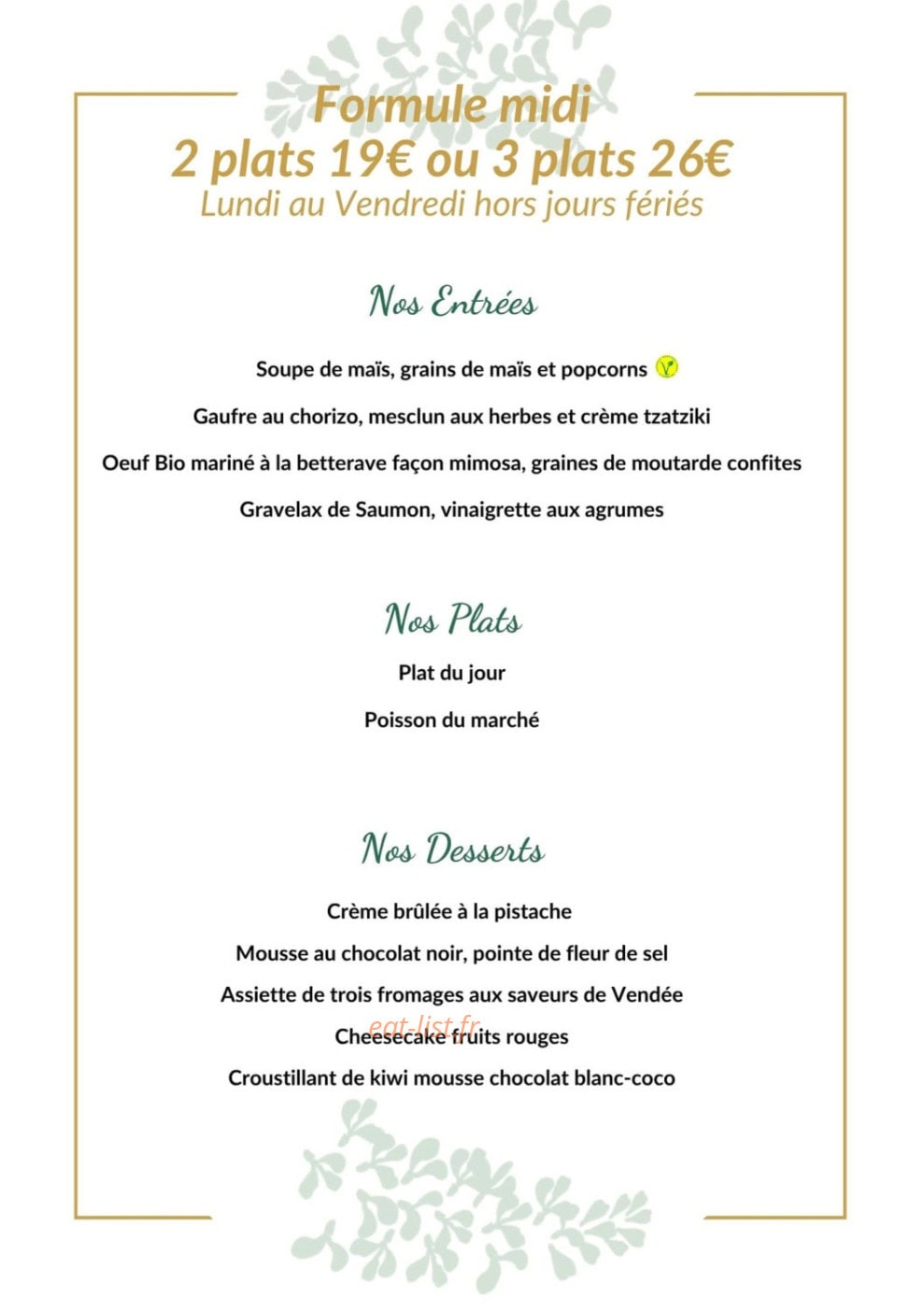 Carte et menu de La Glycine à Fontenay le Comte — Formule midi