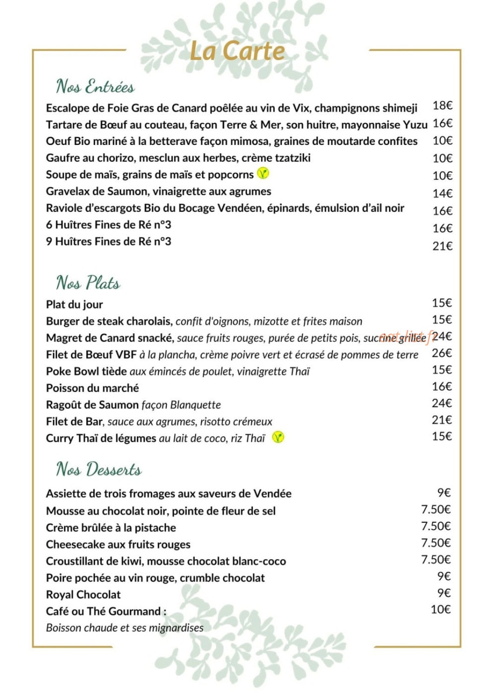 Carte et menu de La Glycine à Fontenay le Comte — La carte
