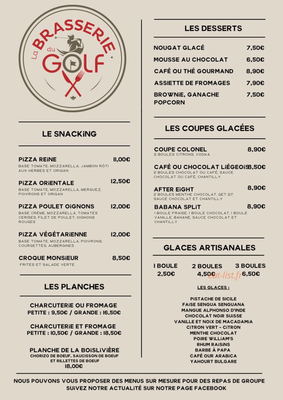 Carte et menu de La Brasserie du Golf à L' Aiguillon sur Vie — Le snacking, planches, ..