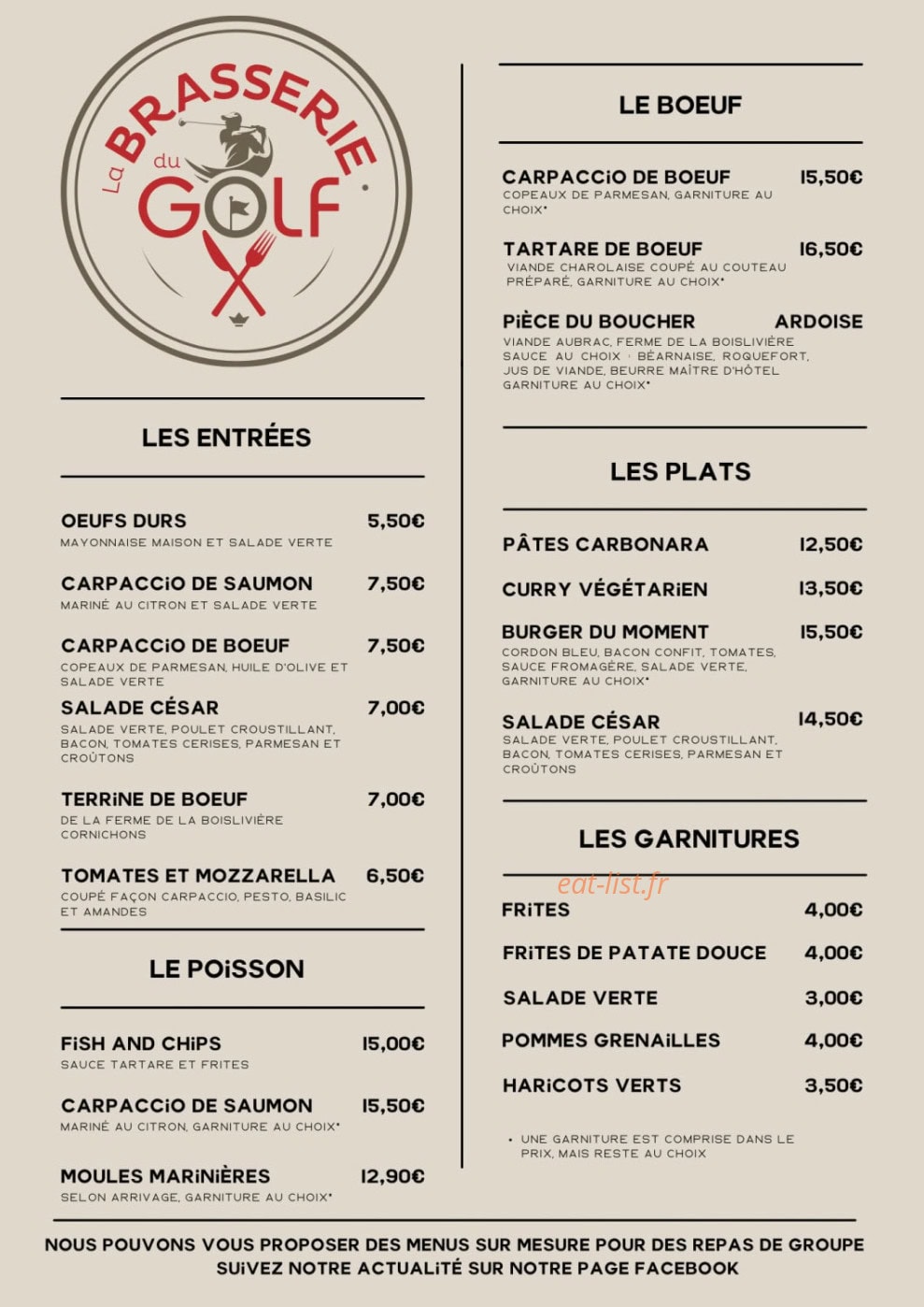 Carte et menu de La Brasserie du Golf à L' Aiguillon sur Vie — Les entrées, poissons, ...