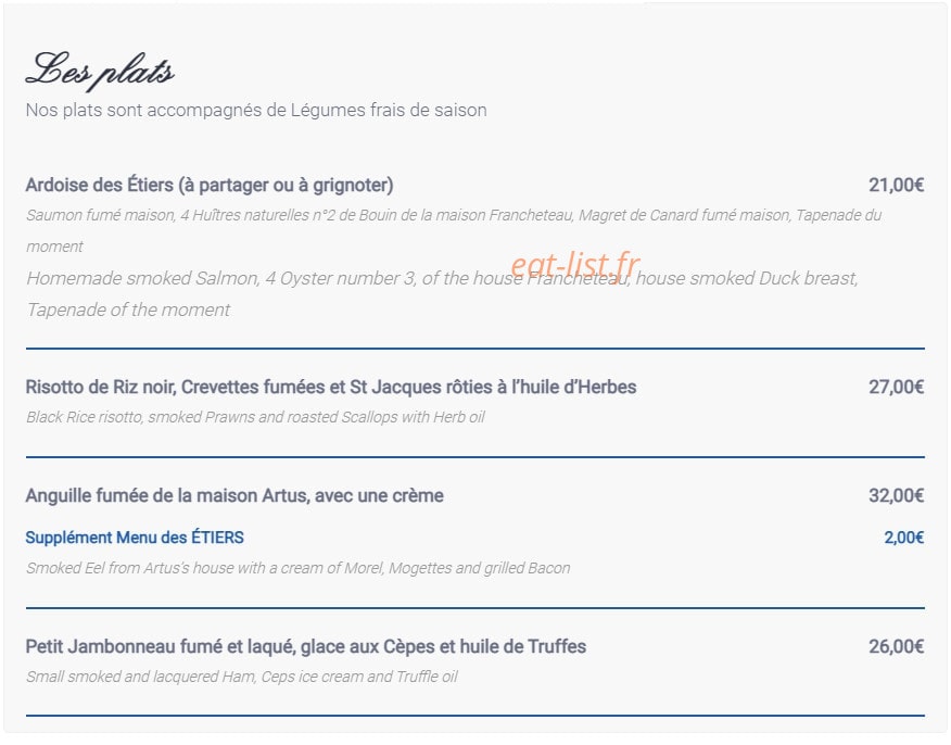 Carte et menu de L'auberge Des Etiers à Beauvoir sur Mer — Les plats