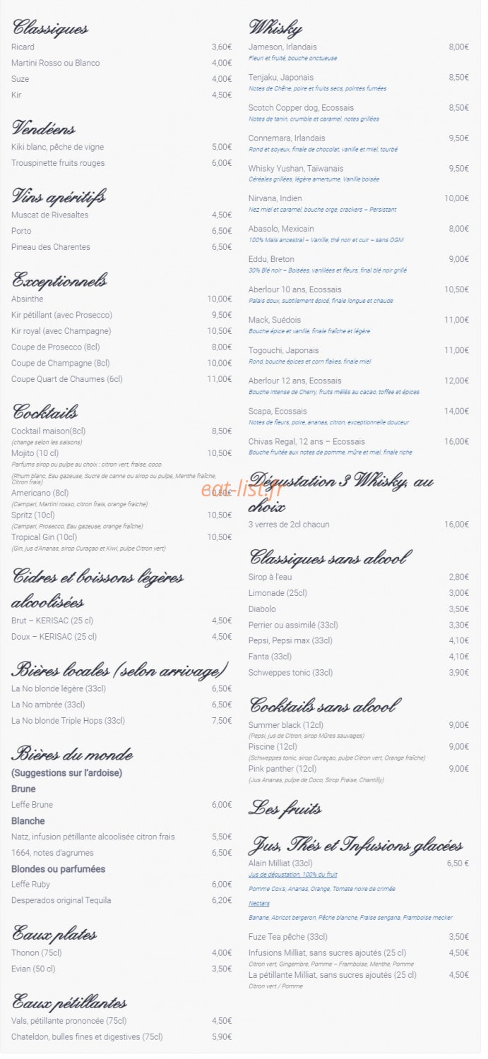 Carte et menu de L'auberge Des Etiers à Beauvoir sur Mer — Les apéritifs