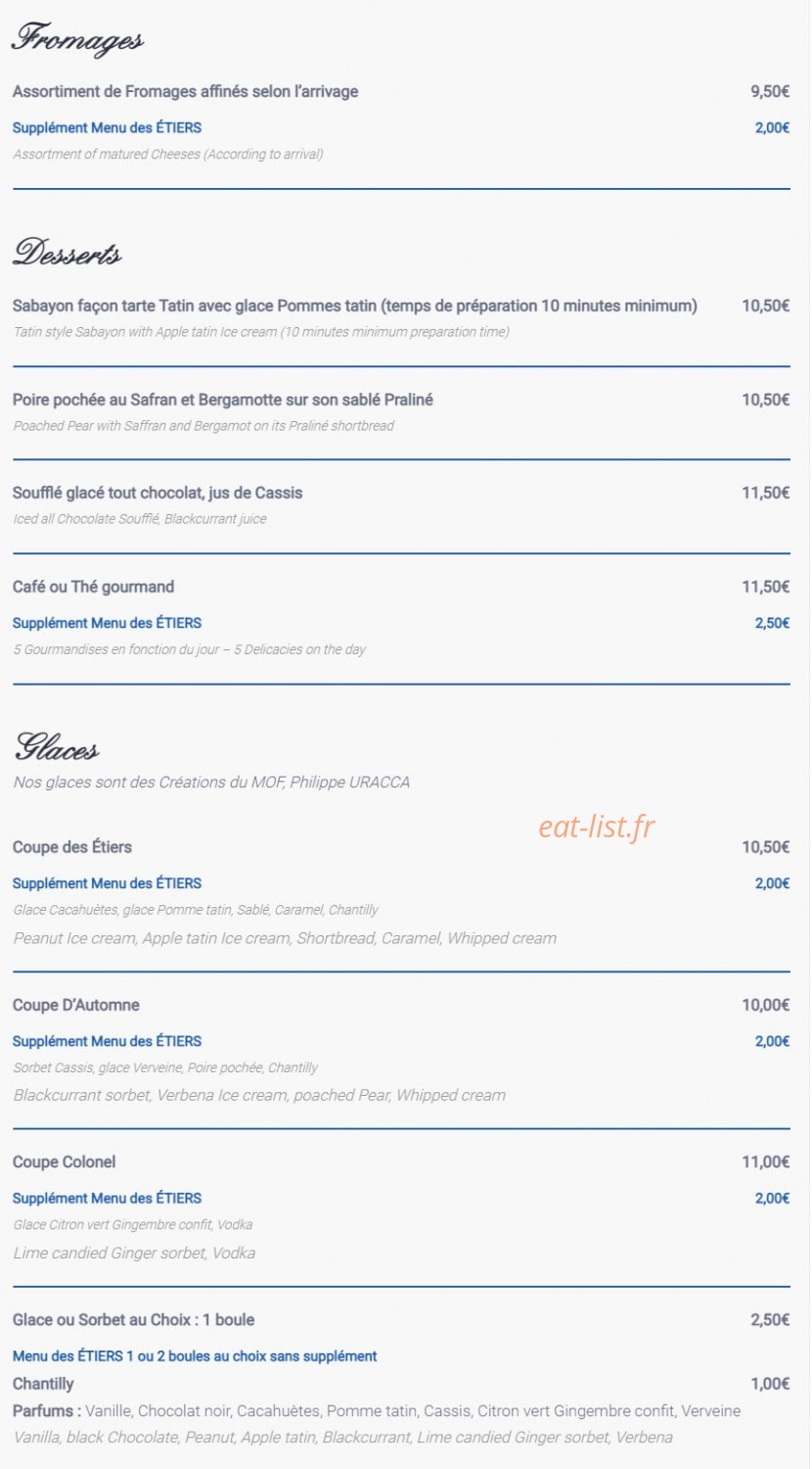 Carte et menu de L'auberge Des Etiers à Beauvoir sur Mer — Les fromages, desserts, ...