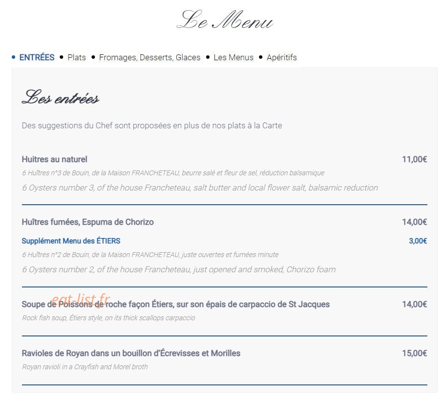 Carte et menu de L'auberge Des Etiers à Beauvoir sur Mer — Les entrées