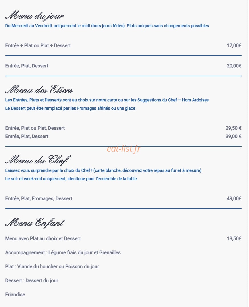 Carte et menu de L'auberge Des Etiers à Beauvoir sur Mer — Les menus