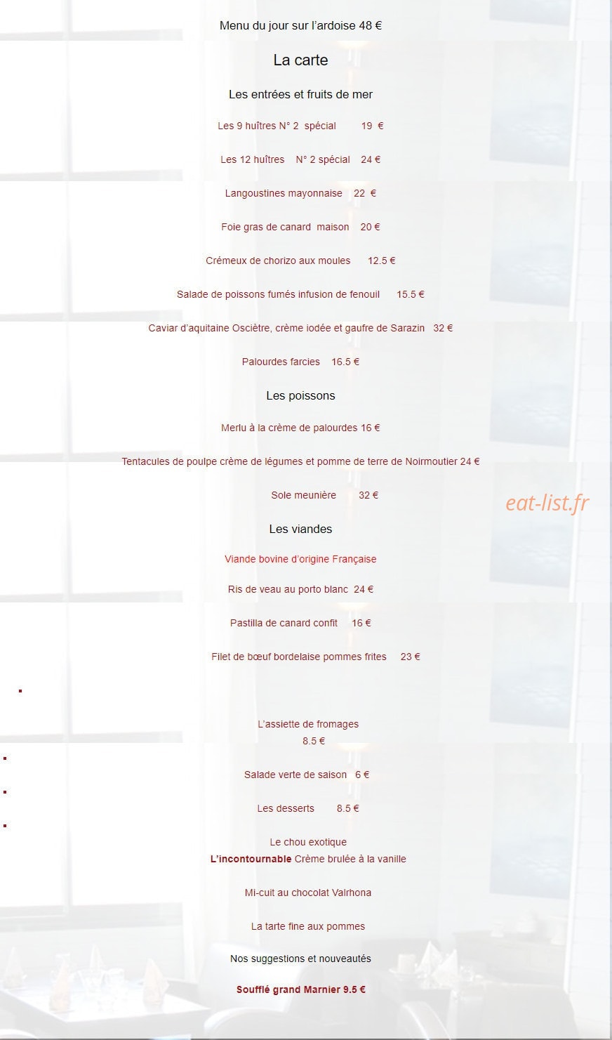 Carte et menu de Le Relais du Gois à Beauvoir sur Mer — La carte