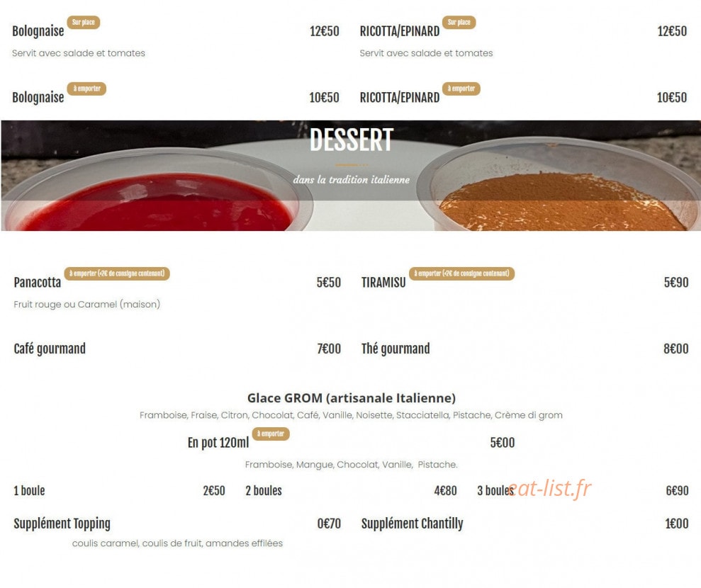 Carte et menu de Piccola Italia à Chavagnes en Paillers — Lasagne et desserts