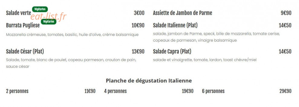 Carte et menu de Piccola Italia à Chavagnes en Paillers — Les entrées
