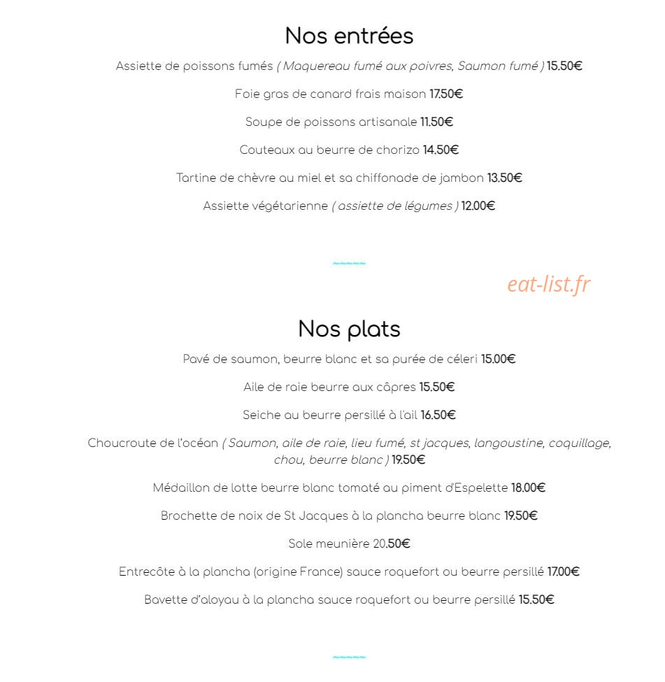 Carte et menu de La Houle à Saint Hilaire de Riez — Les entrées et plats