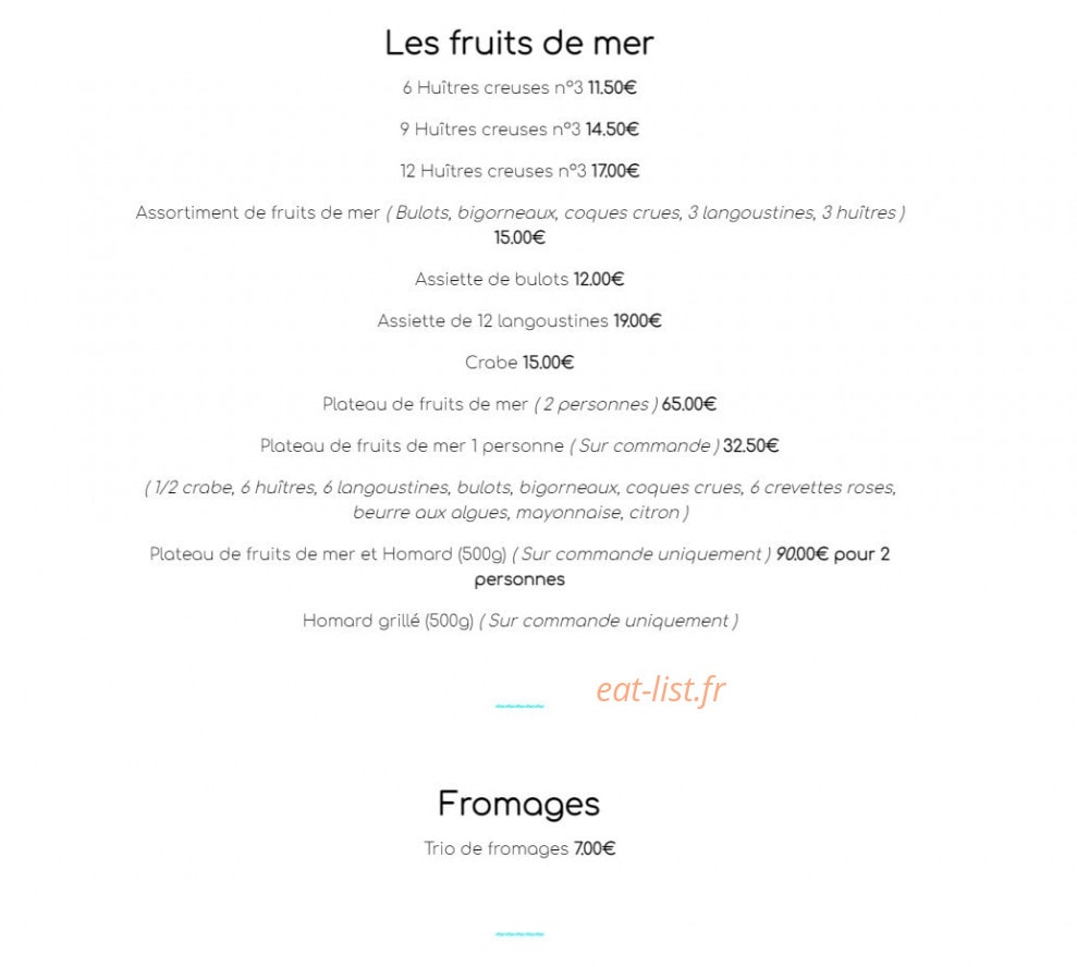 Carte et menu de La Houle à Saint Hilaire de Riez — Les fruits de mer et fromages