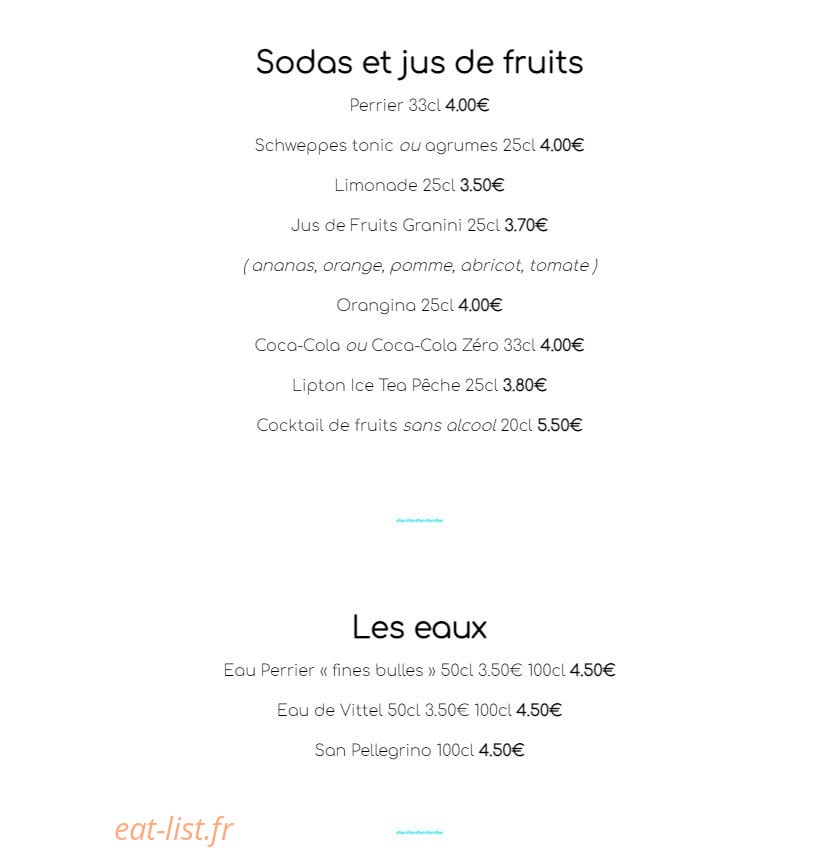 Carte et menu de La Houle à Saint Hilaire de Riez — Les sodas et jus de fruits et eaux