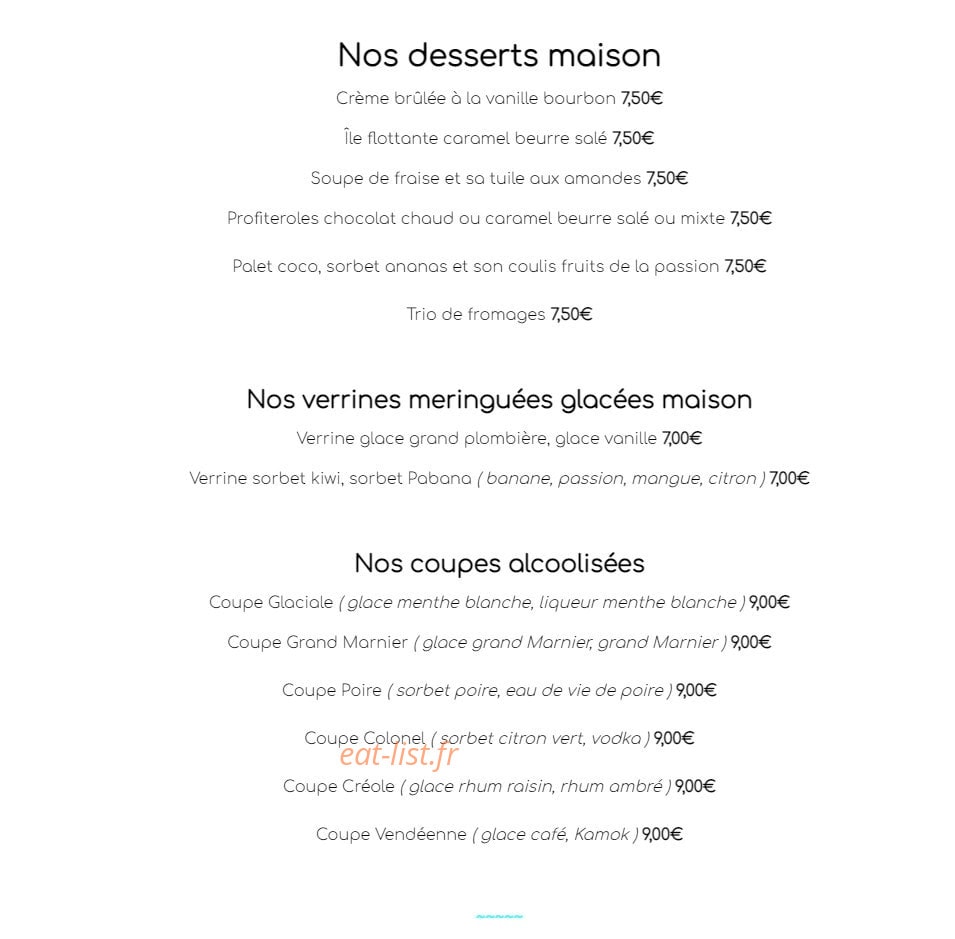 Carte et menu de La Houle à Saint Hilaire de Riez — Les desserts et coupes alcoolisées