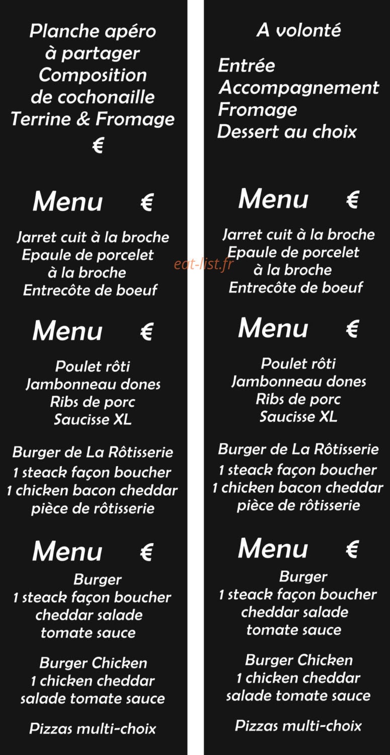 Carte et menu de La rôtisserie à Saint Hilaire de Riez — Les menus