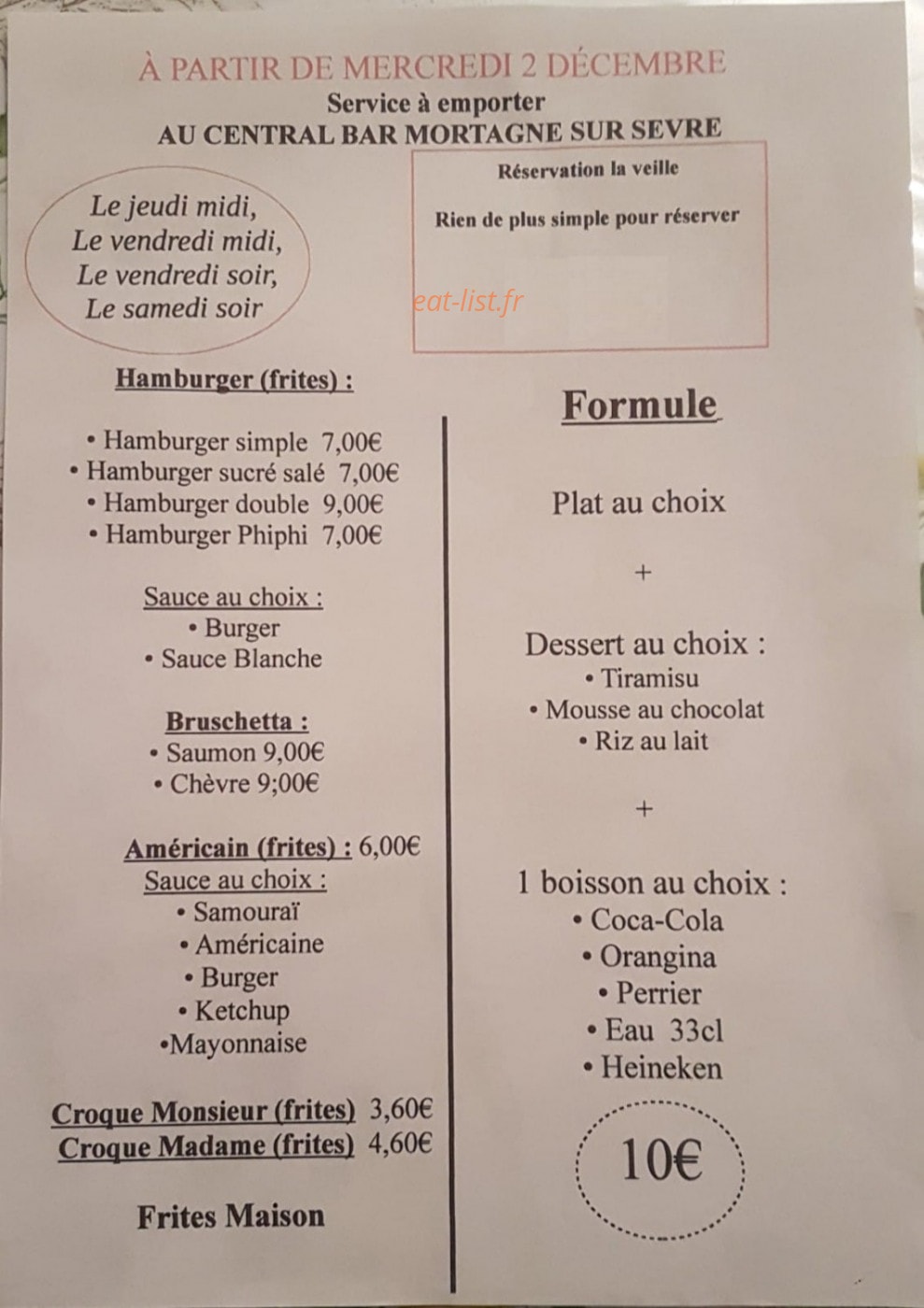 Le Central Bar — carte page 1
