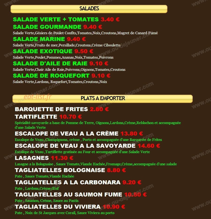 Carte et menu de Restaurant Le Viviera Pizzeria à Mareuil sur Lay Dissais — Les salades et plats à emporter