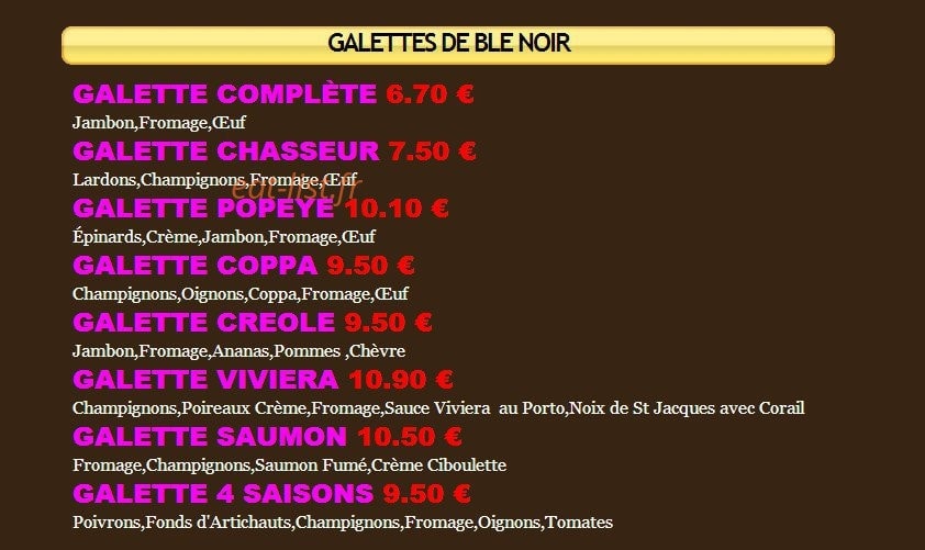 Carte et menu de Restaurant Le Viviera Pizzeria à Mareuil sur Lay Dissais — Les galettes