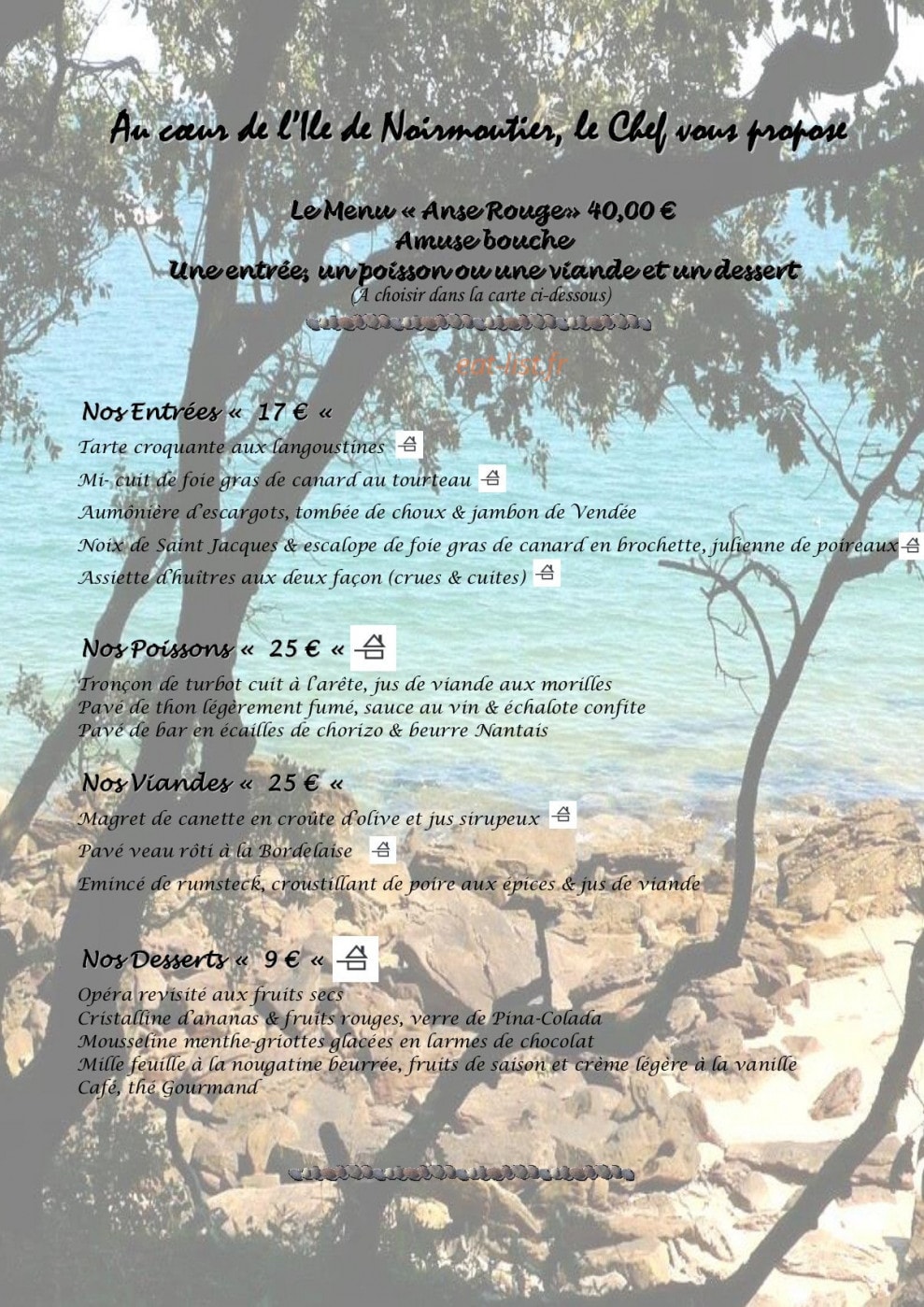 Carte et menu de L’Anse Rouge à Noirmoutier en l'Ile — Entrées, poissons, viandes,...