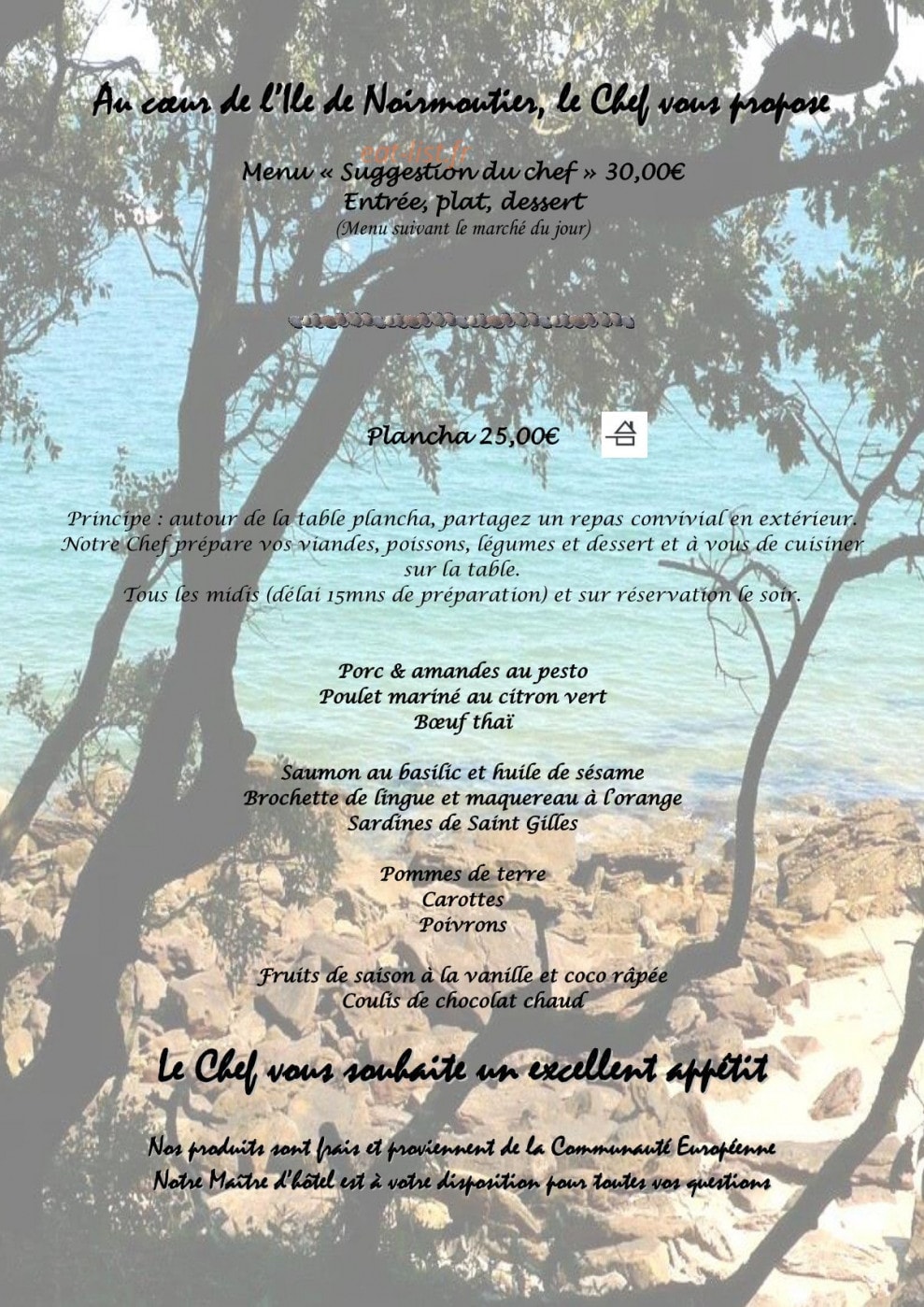 Carte et menu de L’Anse Rouge à Noirmoutier en l'Ile — Suggestions du chef et planchas