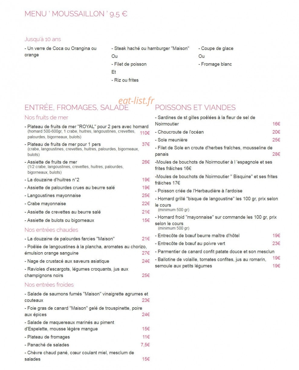 Carte et menu de La bisquine à Noirmoutier en l'Ile — Le menu moussaillon, entrees, salades,...