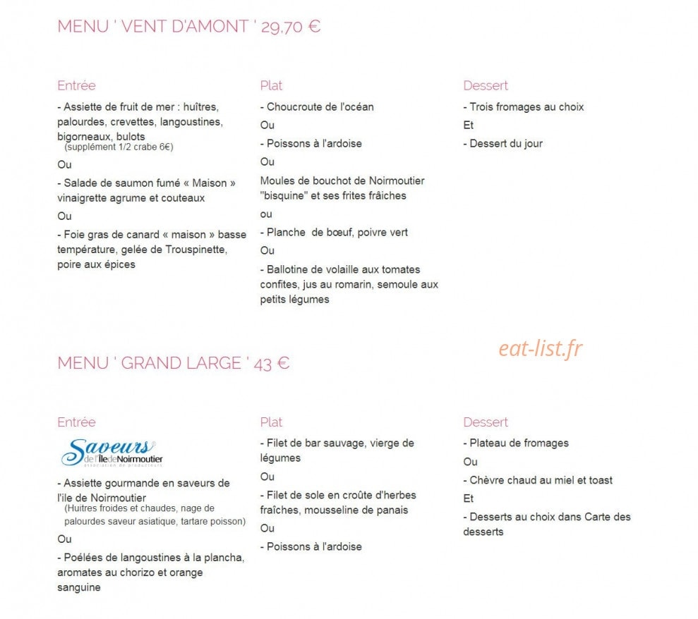 Carte et menu de La bisquine à Noirmoutier en l'Ile — Le menu vent d' amont et menu grand large