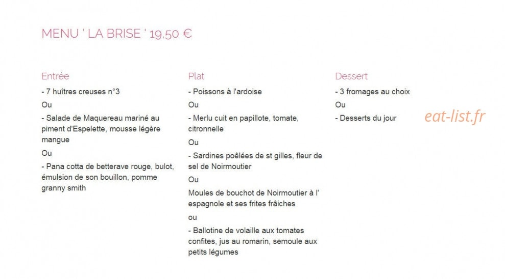 Carte et menu de La bisquine à Noirmoutier en l'Ile — Le menu la brise