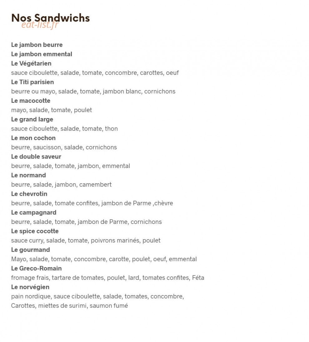 Carte et menu de Boulangerie Bonnin à La Tranche sur Mer — Les sandwiches