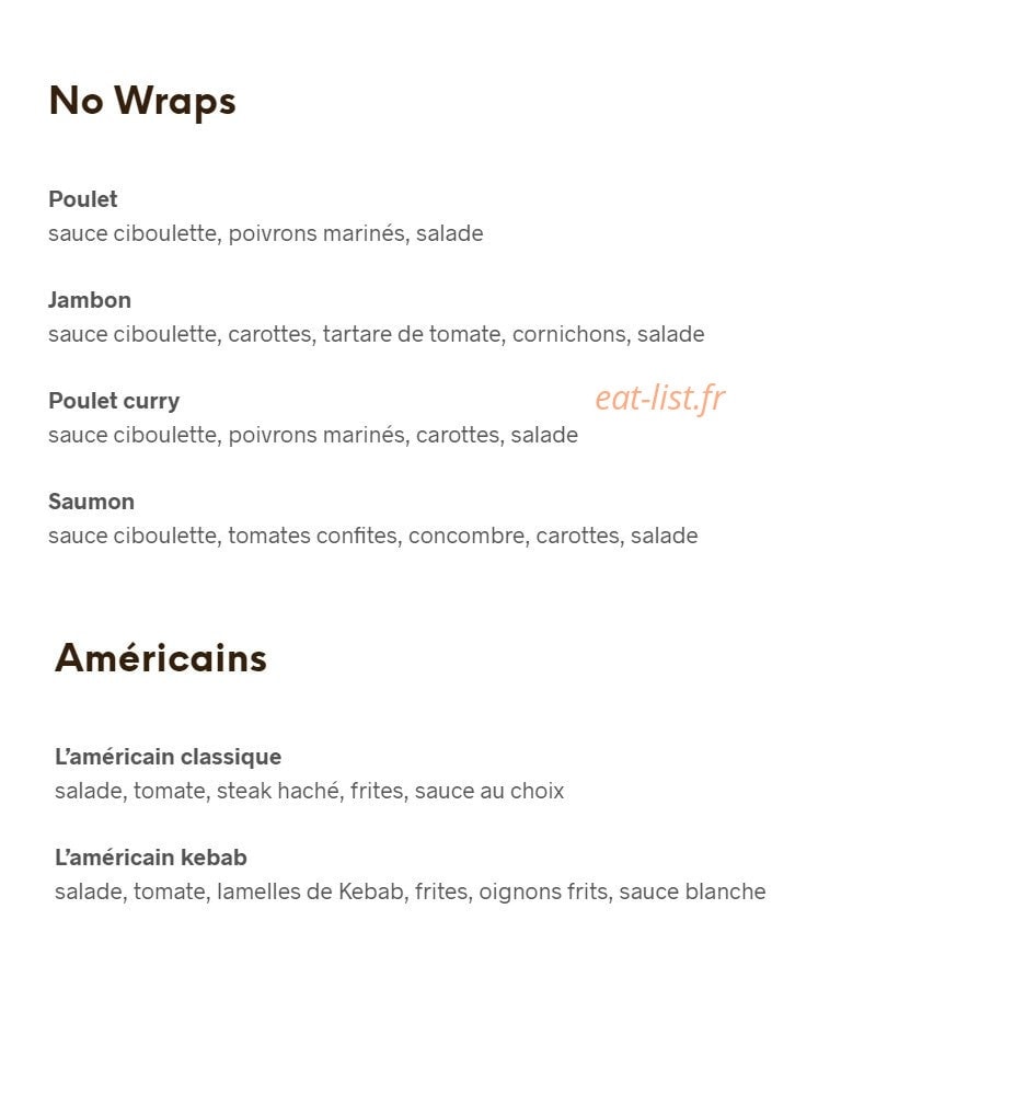 Carte et menu de Boulangerie Bonnin à La Tranche sur Mer — Les wraps et américains