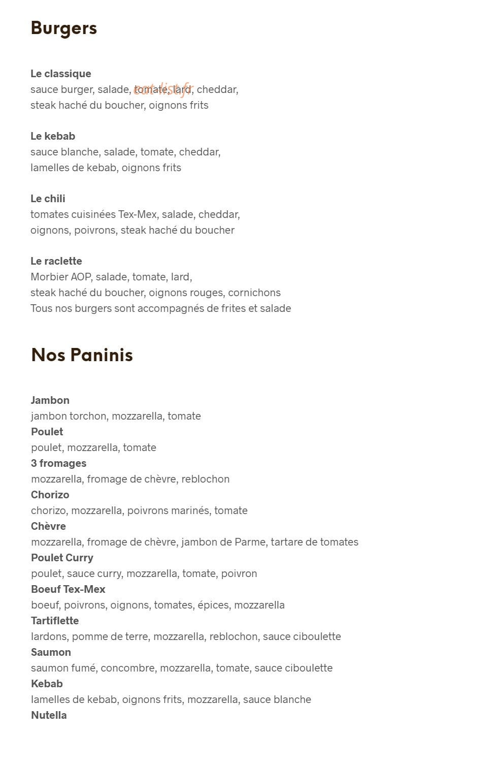 Carte et menu de Boulangerie Bonnin à La Tranche sur Mer — Les burgers et paninis