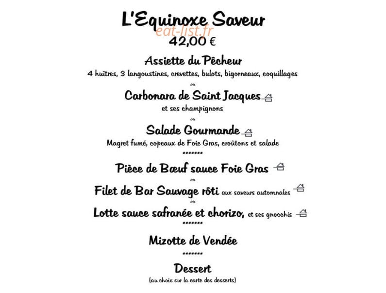 Carte et menu de Equinoxe à La Tranche sur Mer — Le menu saveur