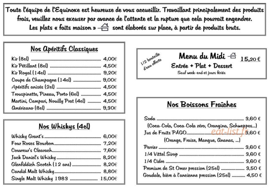 Carte et menu de Equinoxe à La Tranche sur Mer — Les apéritifs classiques, whiskys, menu midi et boissons fraîches