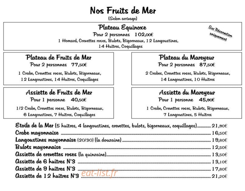 Carte et menu de Equinoxe à La Tranche sur Mer — Les fruits de mer