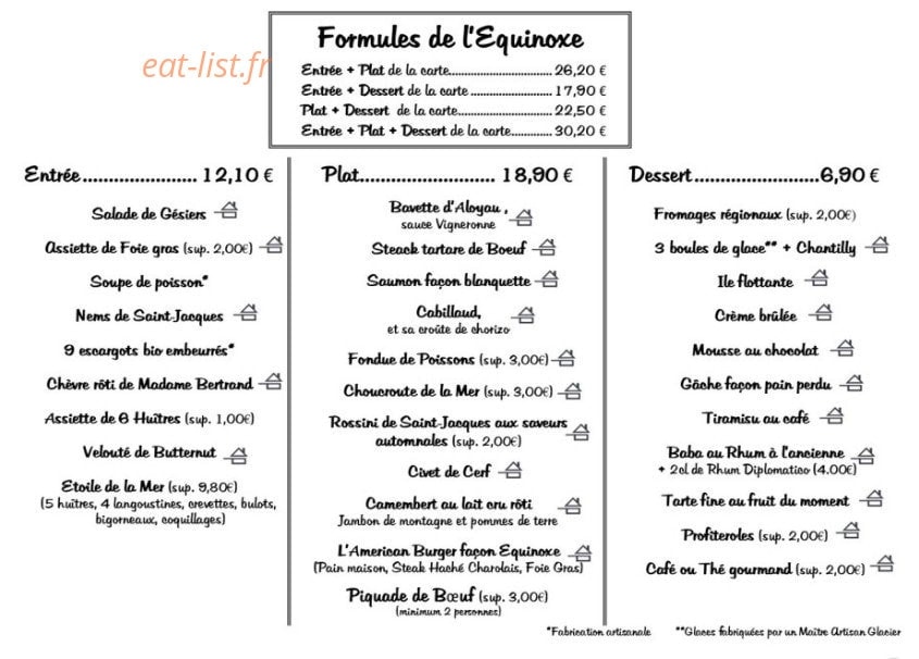 Carte et menu de Equinoxe à La Tranche sur Mer — Les formules de l' Equinoxe